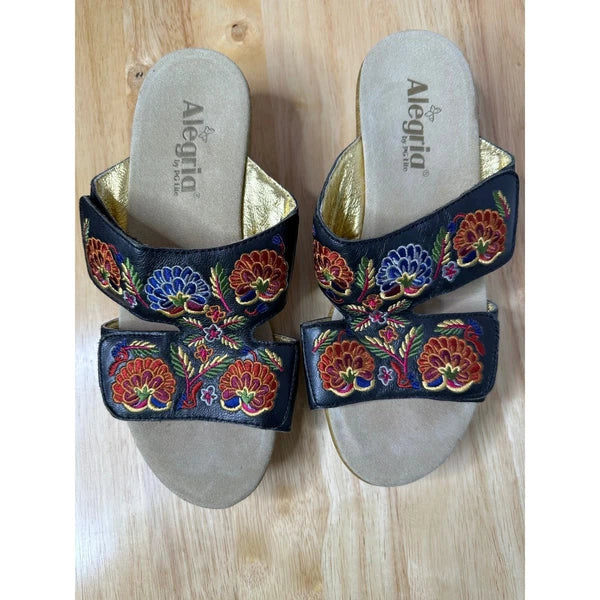 Alegria Linn Black Needles and Pins Sandals Slides 39 (US 9) Leather Floral