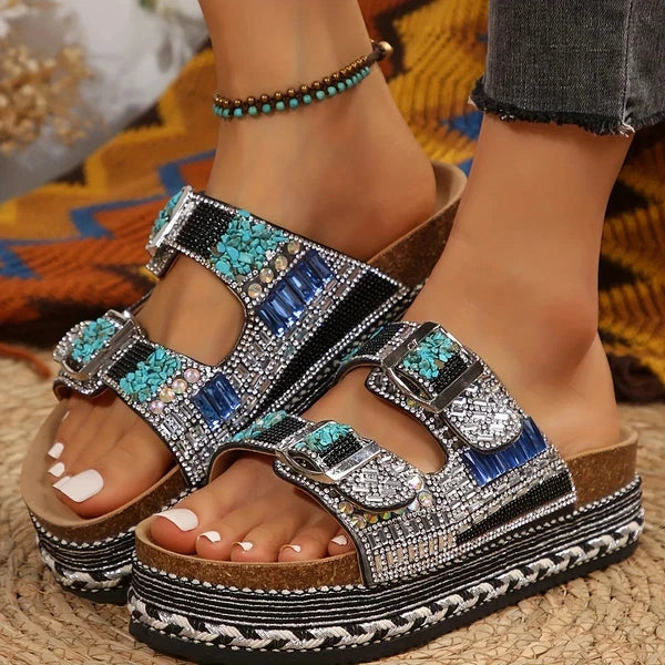 Heel Rhinestone Glitter Sandals, Double Buckle Slides with PP Insole and MD Sole