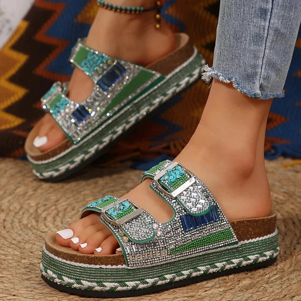 Heel Rhinestone Glitter Sandals, Double Buckle Slides with PP Insole and MD Sole