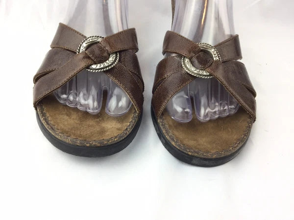 ARIAT Brown Leather Cork Wedge Slide Silver Ring Style 20903 Sandals Sz 8B