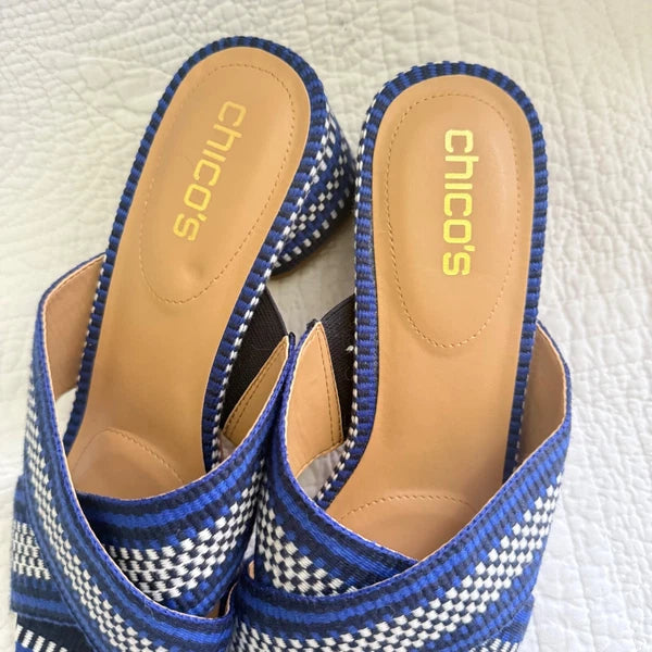 Chico's Woven Criss Cross Block Heel Sandals Blue Grotto Size 10M MSRP $148