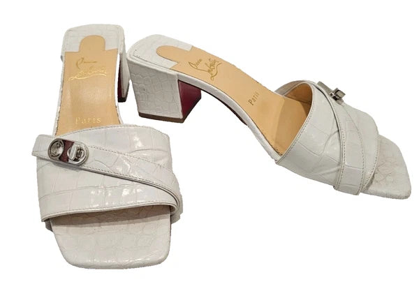 CHRISTIAN LOUBOUTIN White Calfskin Crocodile Embossed Lock Art 55 Slides - 37.5