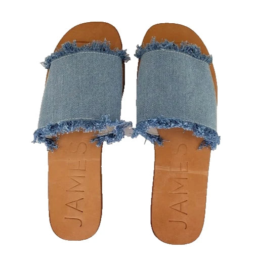 James Smith Womens Sandals Denim Slides Frayed Leather Sole Size 38 NEW