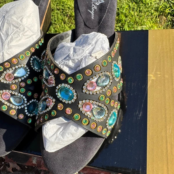 Joan Boyce Embellished Wedge Sandals Black Multi Rhinestone Slides Womens 7W NIB