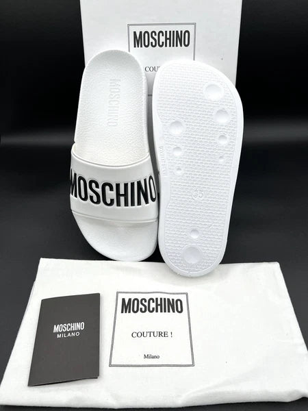 Moschino Womens Wide Logo Rubber White Flat Slip On Pool Slide Sandal US 5/EU 35