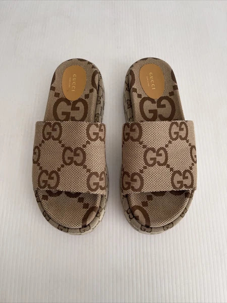 Gucci Womens Angelina Maxi GG Platform Slide Sandals- Beige Canvas- 40.5 /10.5US