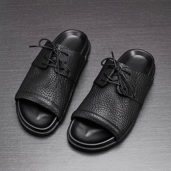 Men's Real Leather Slippers Open Toe Sandals Slides Lace Up Flat Comfort Casual