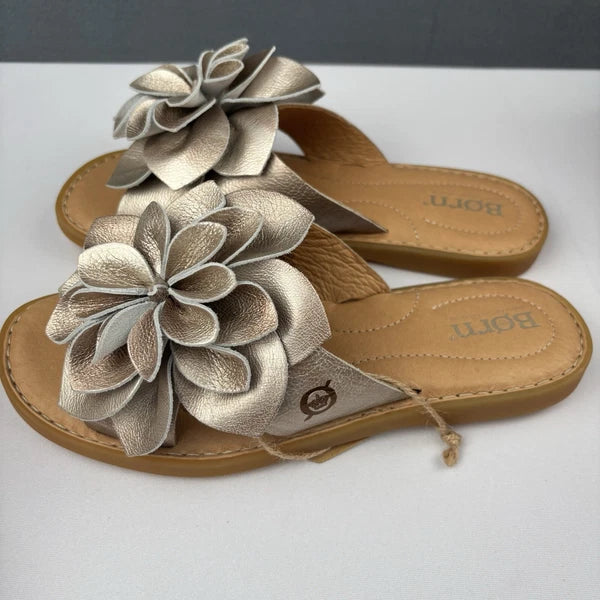Born Ivory Leather Sandal Flower Slip On Slide Panna Cotta Gold Size 6 M