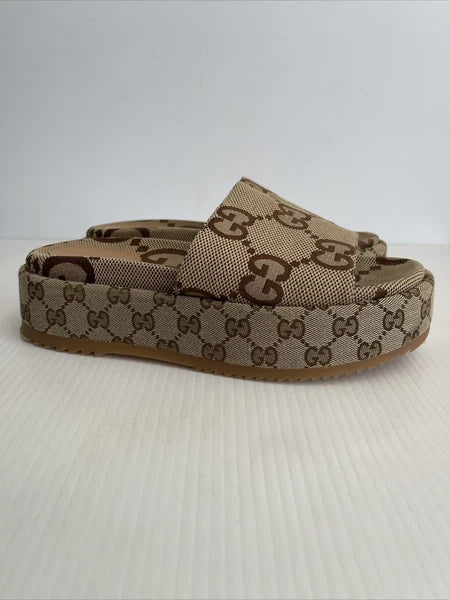Gucci Womens Angelina Maxi GG Platform Slide Sandals- Beige Canvas- 40.5 /10.5US