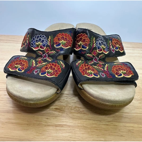 Alegria Linn Black Needles and Pins Sandals Slides 39 (US 9) Leather Floral