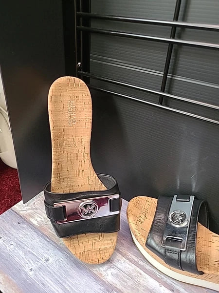 Michael Kors Warren Platform Sandal 8.5M Black Wedge Shoe Cork Open Toe Slide