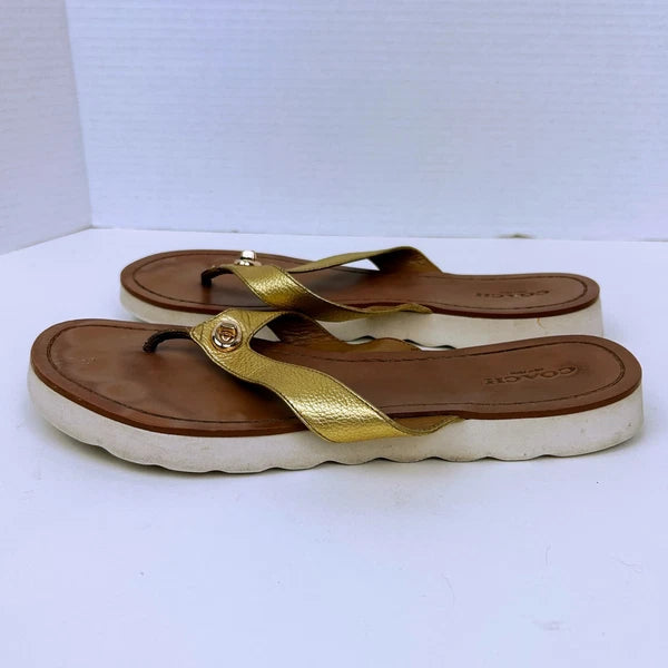 Coach Shelly Metallic Gold Leather Turnlock Flip Flops Thong Sandals Shoes 8.5