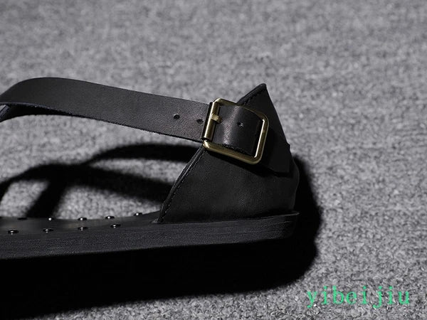 Fashion Men's Real Leather Summer Beach Roman Sandals Studded Shoes Flat Vintage