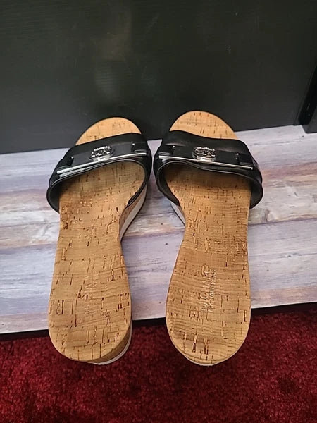 Michael Kors Warren Platform Sandal 8.5M Black Wedge Shoe Cork Open Toe Slide
