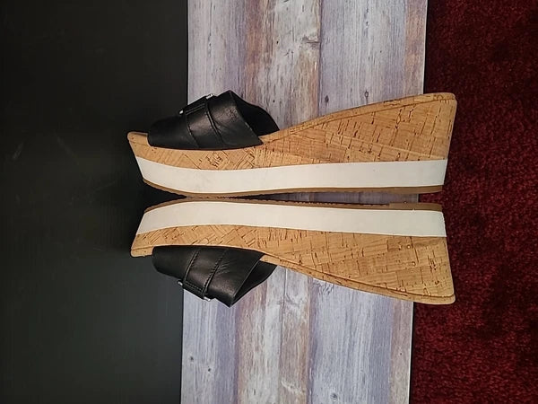 Michael Kors Warren Platform Sandal 8.5M Black Wedge Shoe Cork Open Toe Slide
