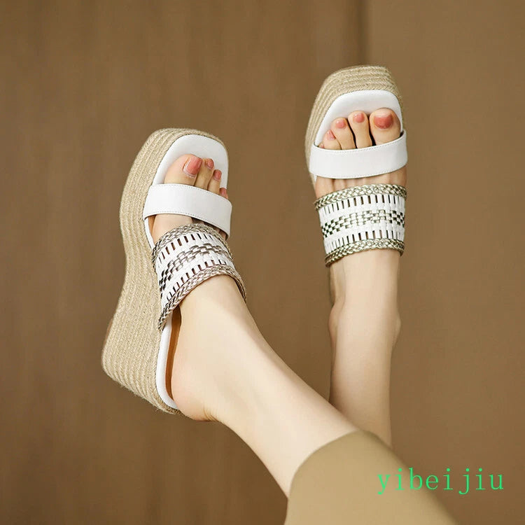 Women's Slipper Hemp Straw Weaving Platform Wedge Heel Mules Slides Sandals Lady