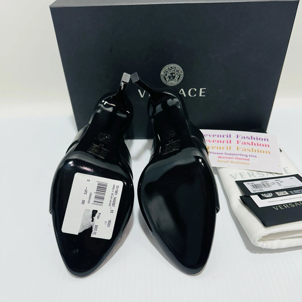 Versace Virtus Leather Open Toe Mule Heel Sandal Black Gold Size 38/8 NIB $900