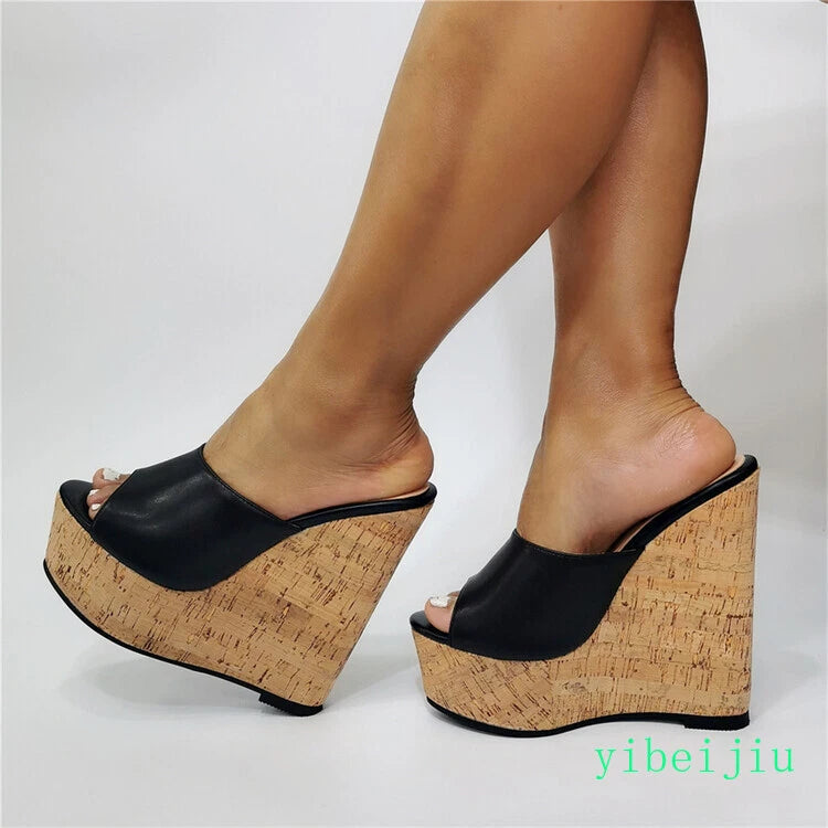 Women's Super High Platform Wedge Heel Slippers Mules Sandals Peep Toe Slide Bar