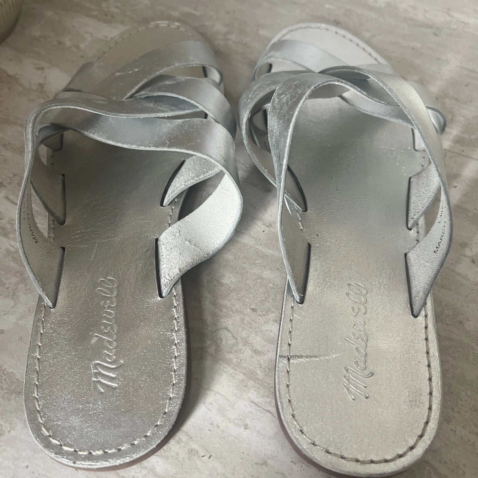 Madewell The Boardwalk Woven Slide Sandals Womens 9 Metallic Silver Open Toe