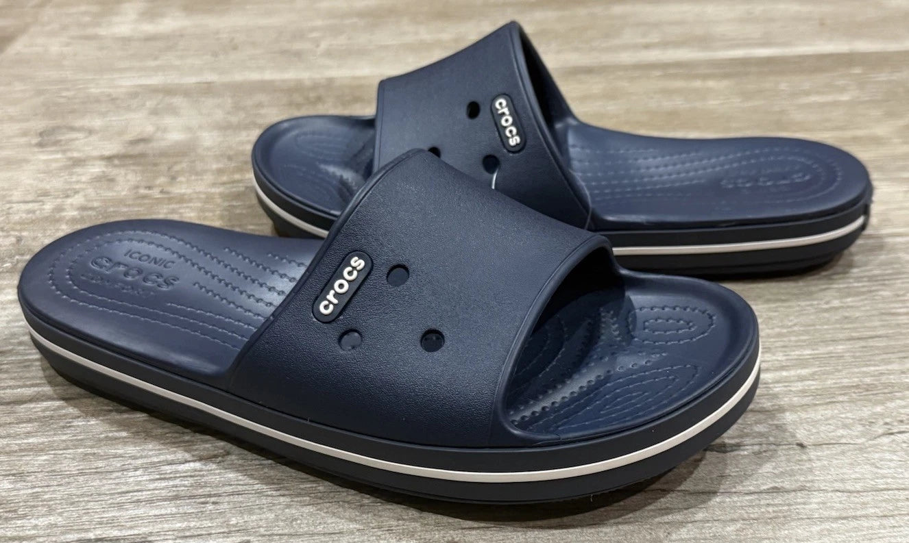 NEW CROCS WOMEN 7 CROCBAND III SLIDE. NAVY / WHITE. STYLE 205733