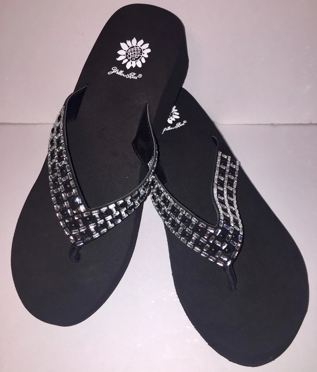 Yellow Box Flip Flops Sandals Women's Touch Wedge Pearl Jeweled Blue Black NWT