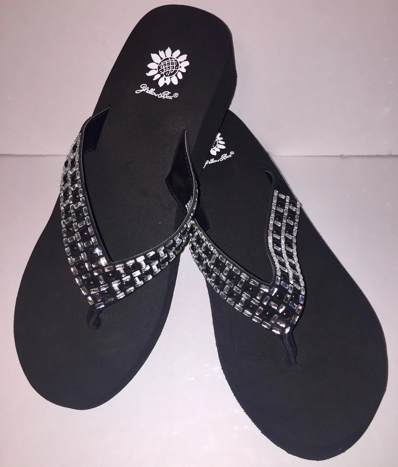 Yellow Box Flip Flops Sandals Women's Touch Wedge Pearl Jeweled Blue Black NWT