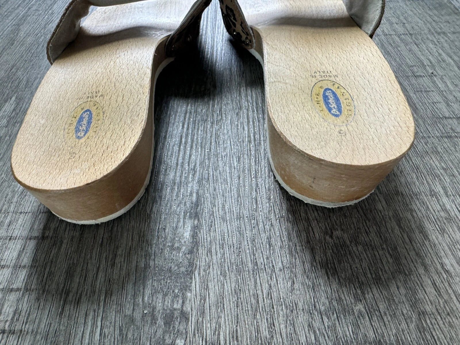 VTG Dr Scholl's Leopard Animal Wood Exercise Sandals Size 6 Made in Italy