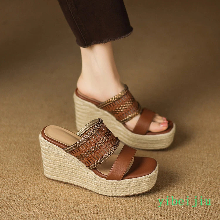 Women's Slipper Hemp Straw Weaving Platform Wedge Heel Mules Slides Sandals Lady