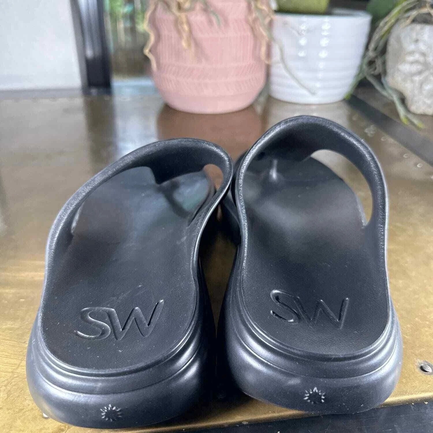 Stuart Weitzman Women T Strap Slide Sandal 9 Slide Minimalist Black Stuflex