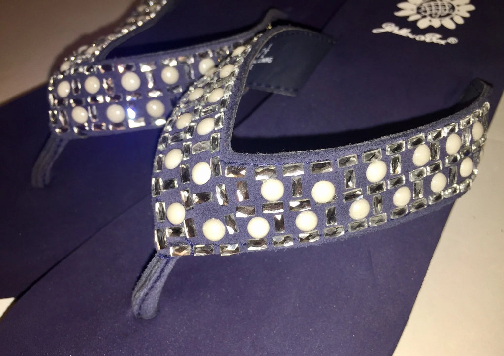 Yellow Box Flip Flops Sandals Women's Touch Wedge Pearl Jeweled Blue Black NWT