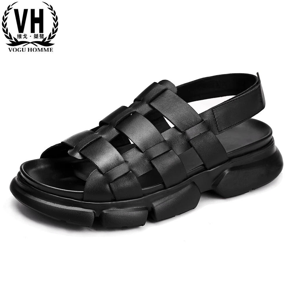 2025 Summer Men's Roman Real Leather Sandals Platform Open Toe Flat Shoes Casual
