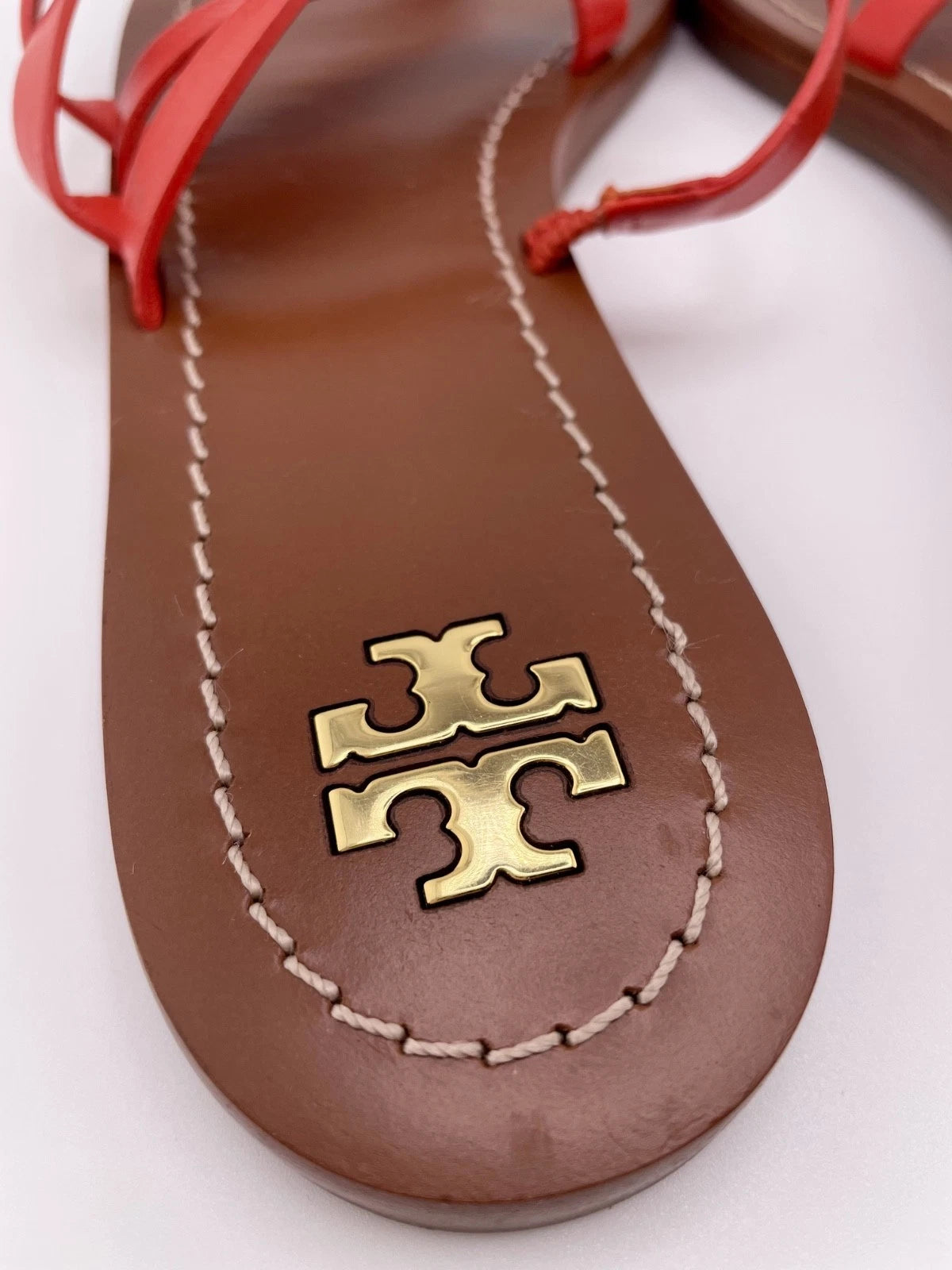 Tory Burch Patos Strappy Flats Slides in Samba Red Vachetta Leather Size 8.5