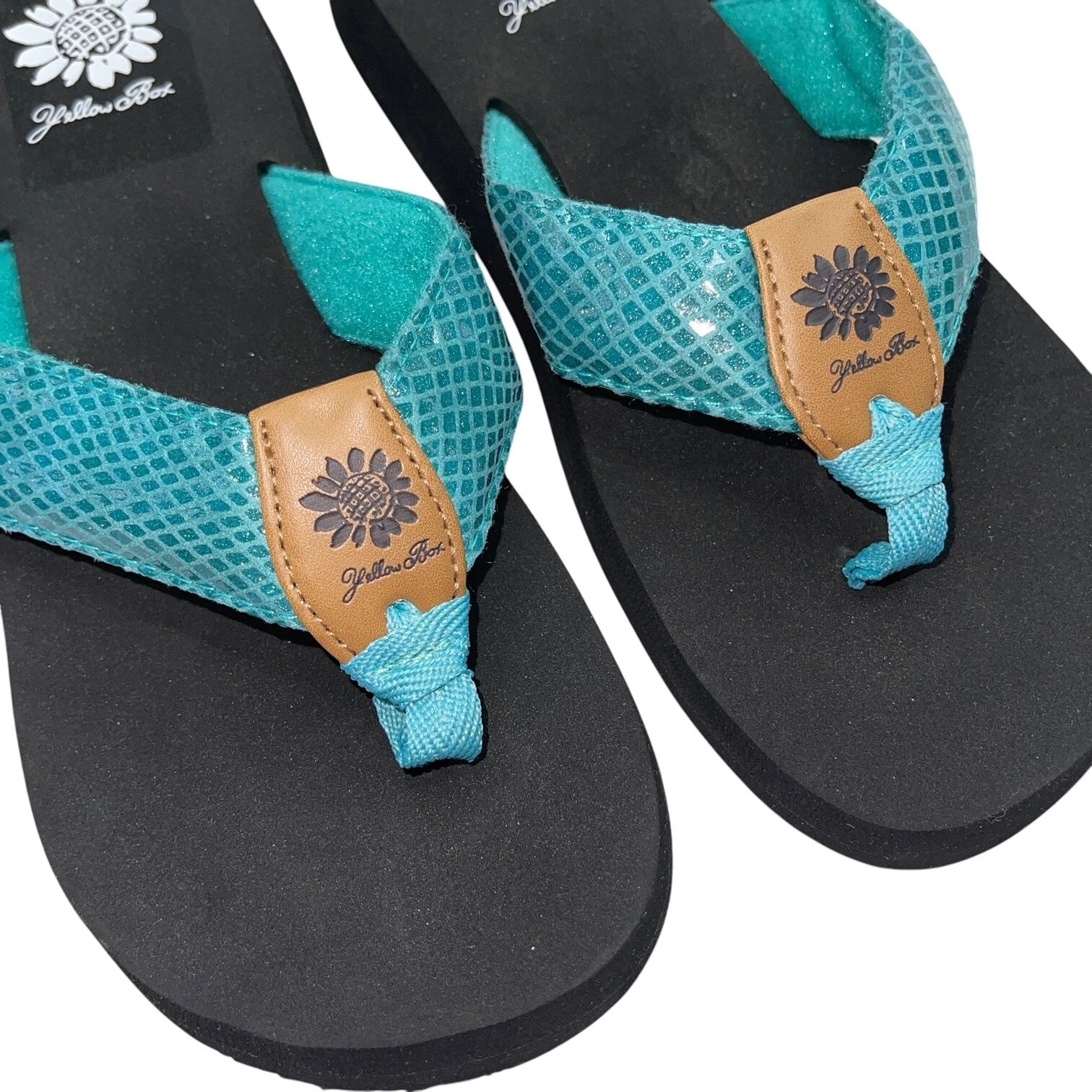 Yellow Box Flip Flops Teal Shiny Snakeskin Embossed Shimmer Wedge Sandal Faya