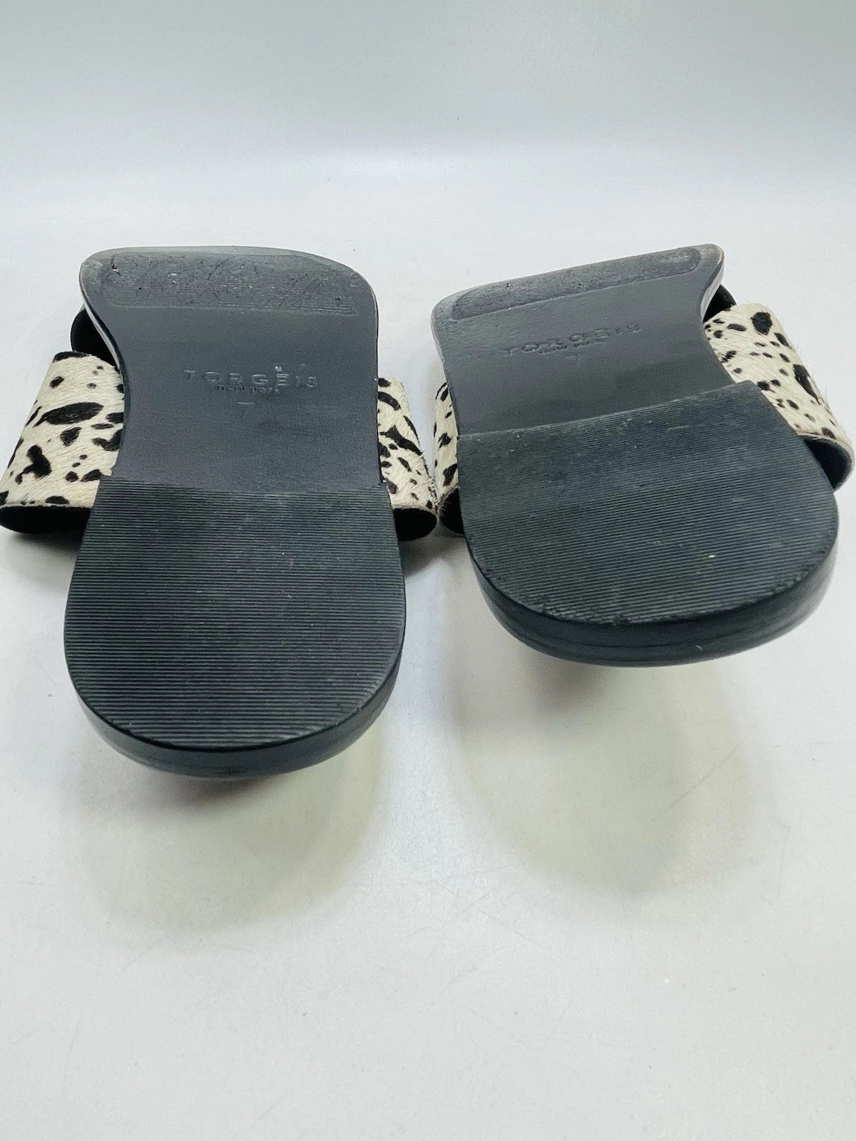 Torgeis New York Sz 7 Epona Slide Sandals Black Leather Pony Calf Hair #FEI1059