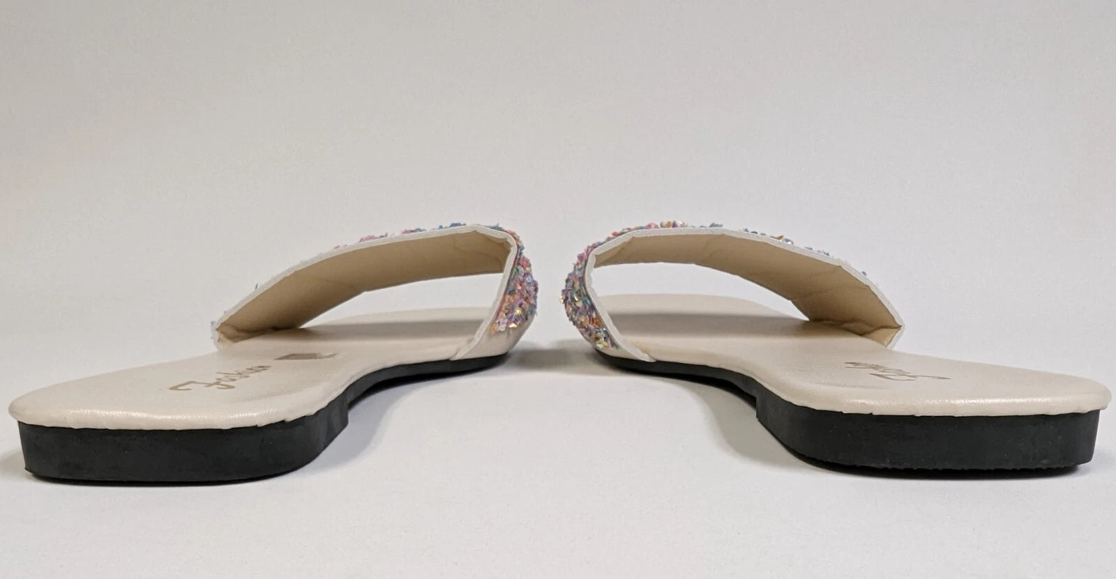 Womens 9.5 Iridescent Bling Rainbow Glitter Sequin Slip On Sandal Slides