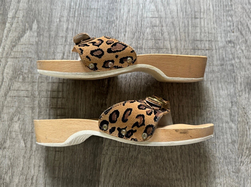 VTG Dr Scholl's Leopard Animal Wood Exercise Sandals Size 6 Made in Italy