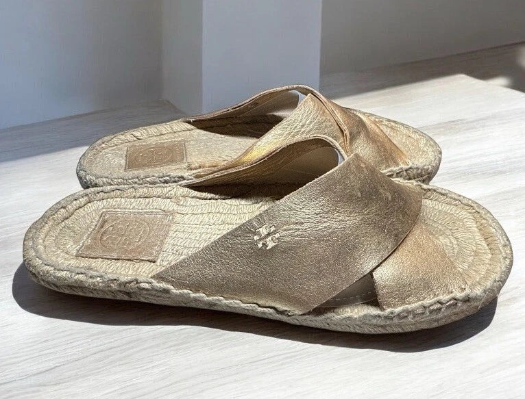 Tory Burch Sz 6.5 Bima Gold Metallic Leather Espadrille Sandals Slides Flats