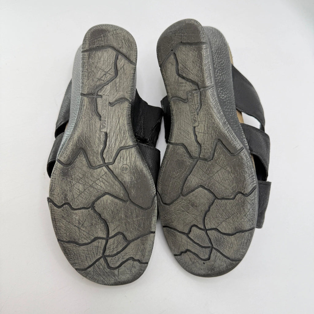 Romika Black Leather Wedge Sandals Slides Casual Comfort Summer Womens Size 40