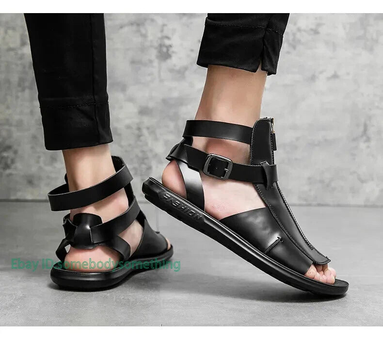 38-45 Mens Slingback Open Toe Buckle Sandals Flats Summer Roman Style PU Leather