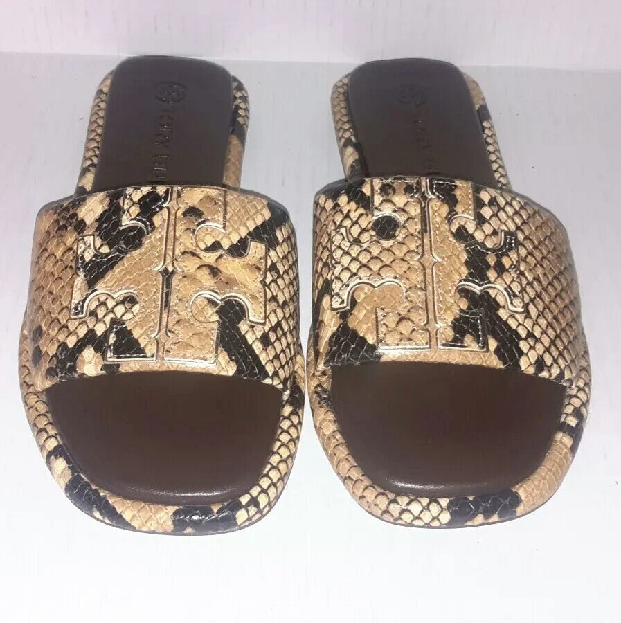 TORY BURCH DOUBLE T SPORT SLIDE snake-print leather Sandals Size 7.5