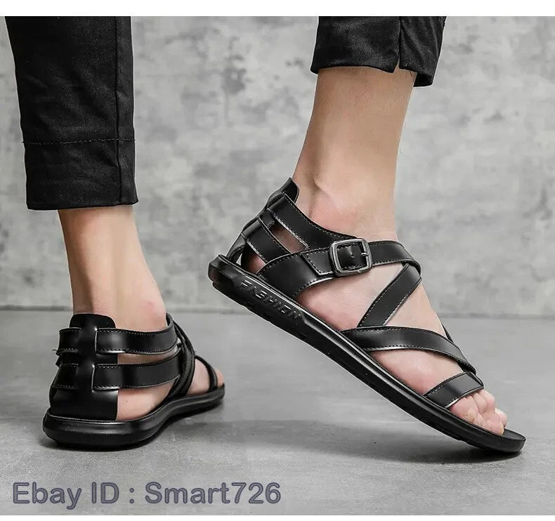 38-45 Mens Flip Flops Buckle Sandals Flat Shoes Summer Roman Style PU Leather