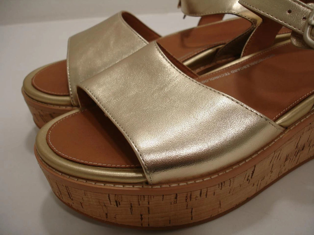 Womens 11 M FitFlop Eloise Platino Metallic Gold Cork-Wrap Leather Wedge Sandals