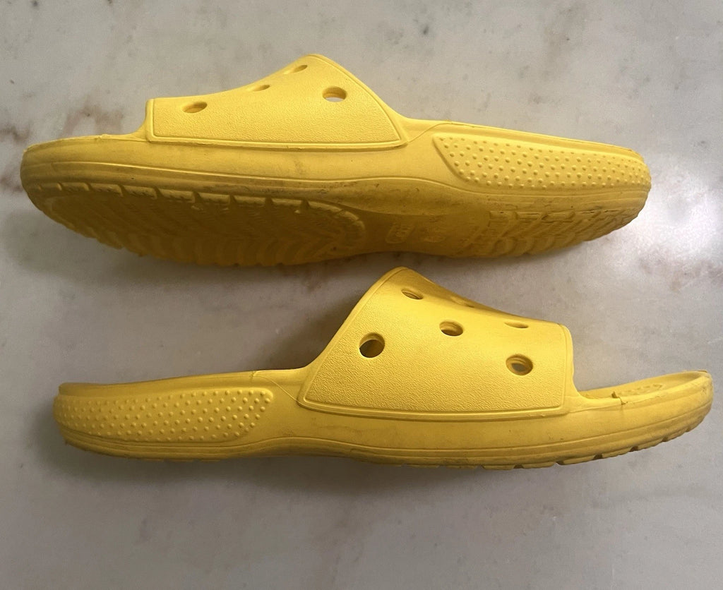 UsedVeryGood_Crocs Unisex Classic Two-Strap Slide Sandals_Yellow_Sz7Women/5 Men