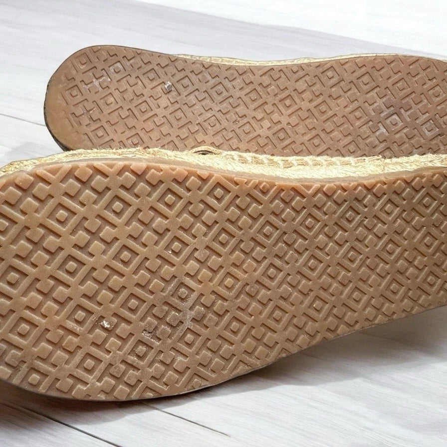 Tory Burch Sz 6.5 Bima Gold Metallic Leather Espadrille Sandals Slides Flats