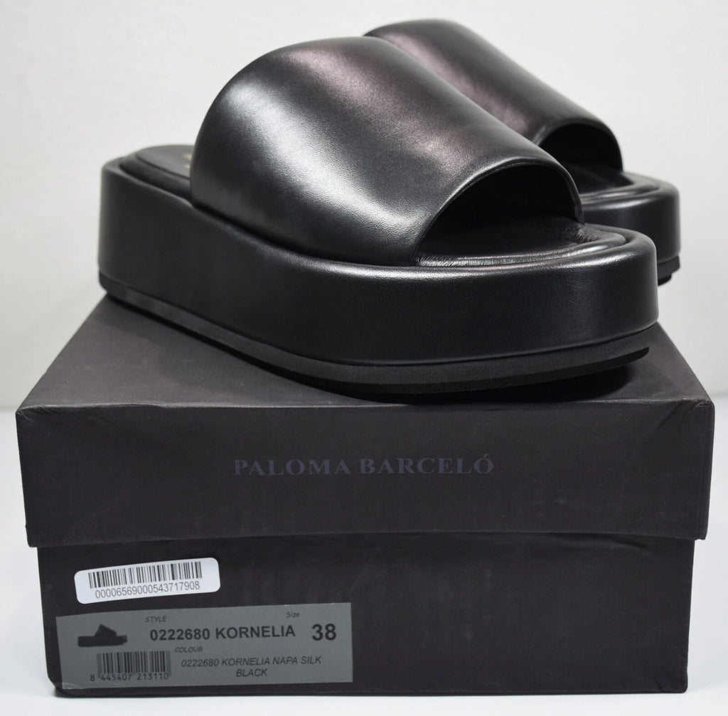 PALOMA BARCELO NIB $370 KORNELIA BLACK LEATHER PLATFORM SLIDE SANDAL. EU38/US8