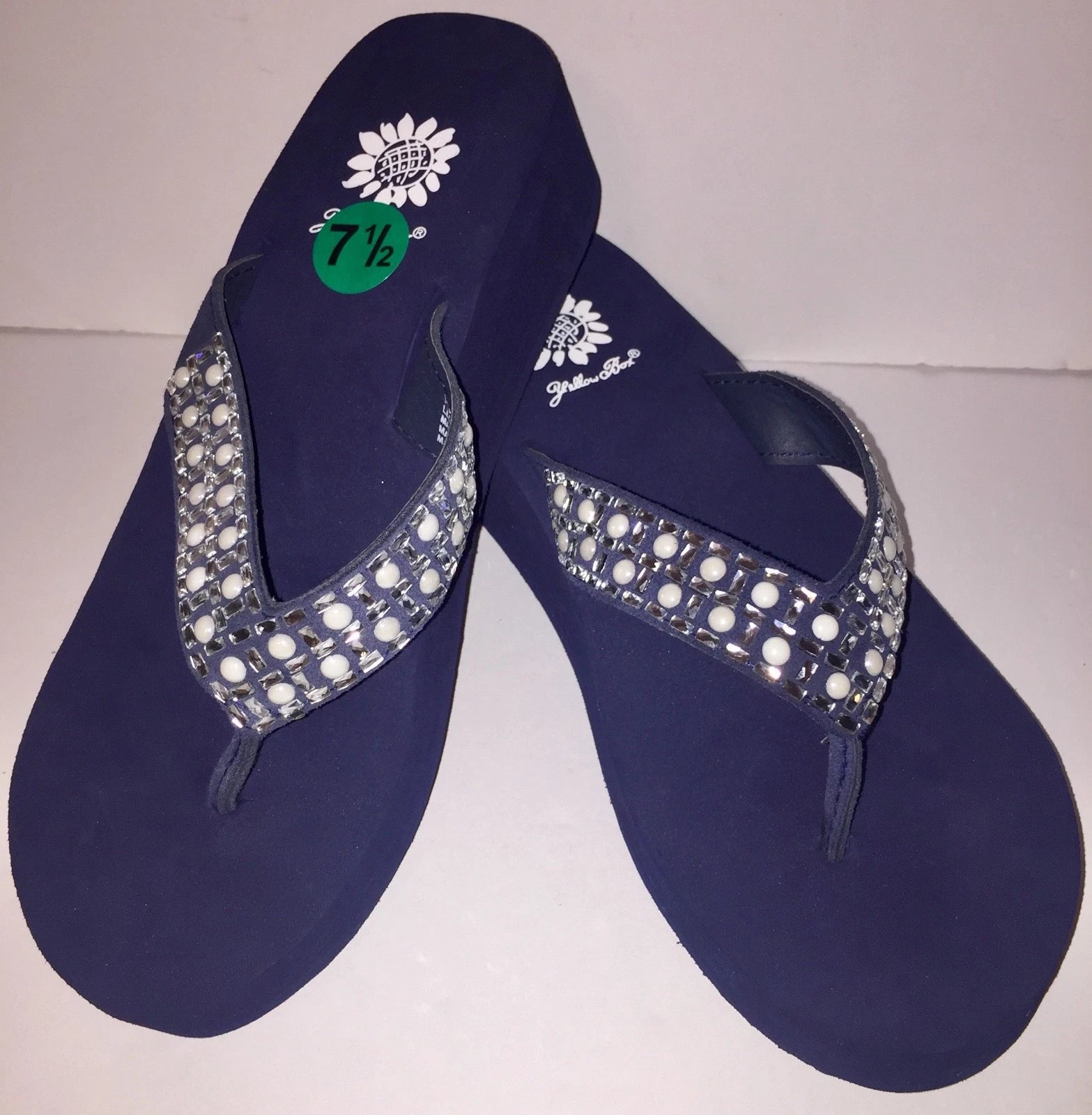 Yellow Box Flip Flops Sandals Women's Touch Wedge Pearl Jeweled Blue Black NWT