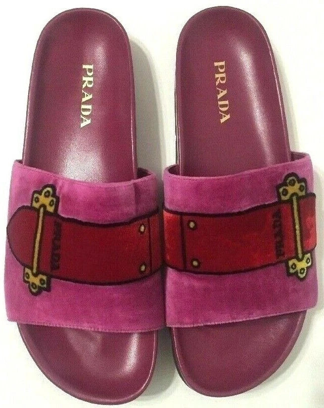 Prada Slides Sandals Slip On Belt Pink Velvet Womens Size EU37.5/US7-7.5