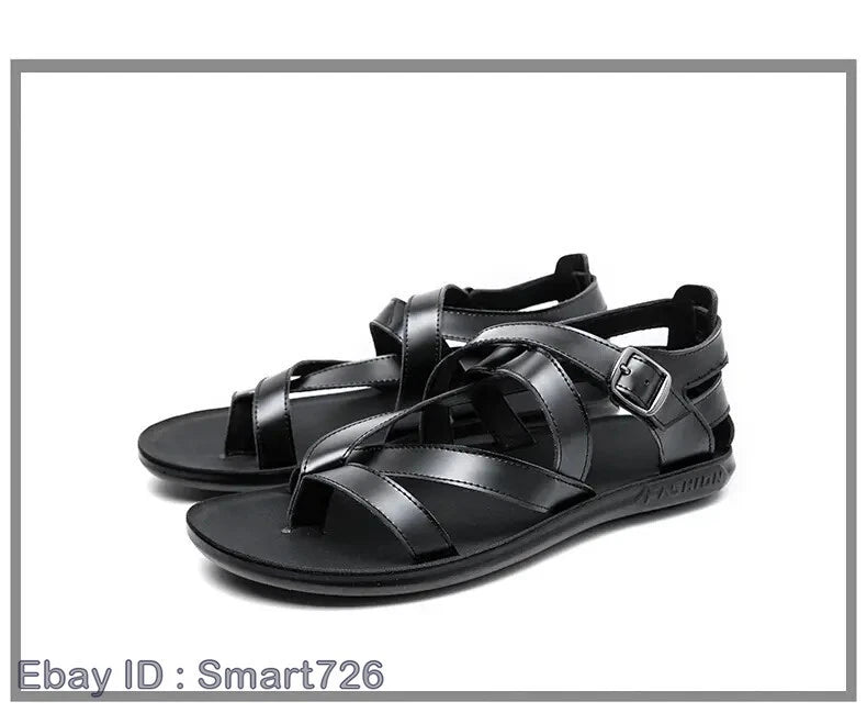 38-45 Mens Flip Flops Buckle Sandals Flat Shoes Summer Roman Style PU Leather