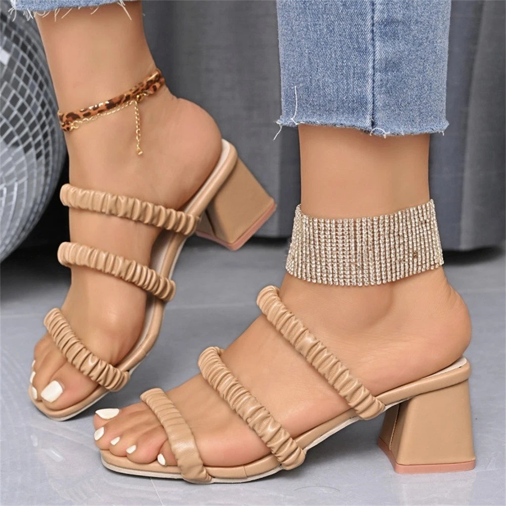 Women's Block Heeled Sandals Fashion Square Toe Braided Comfort Dress Slides