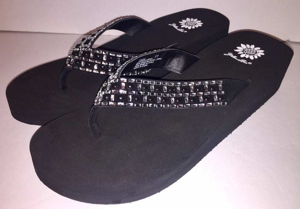 Yellow Box Flip Flops Sandals Women's Touch Wedge Pearl Jeweled Blue Black NWT